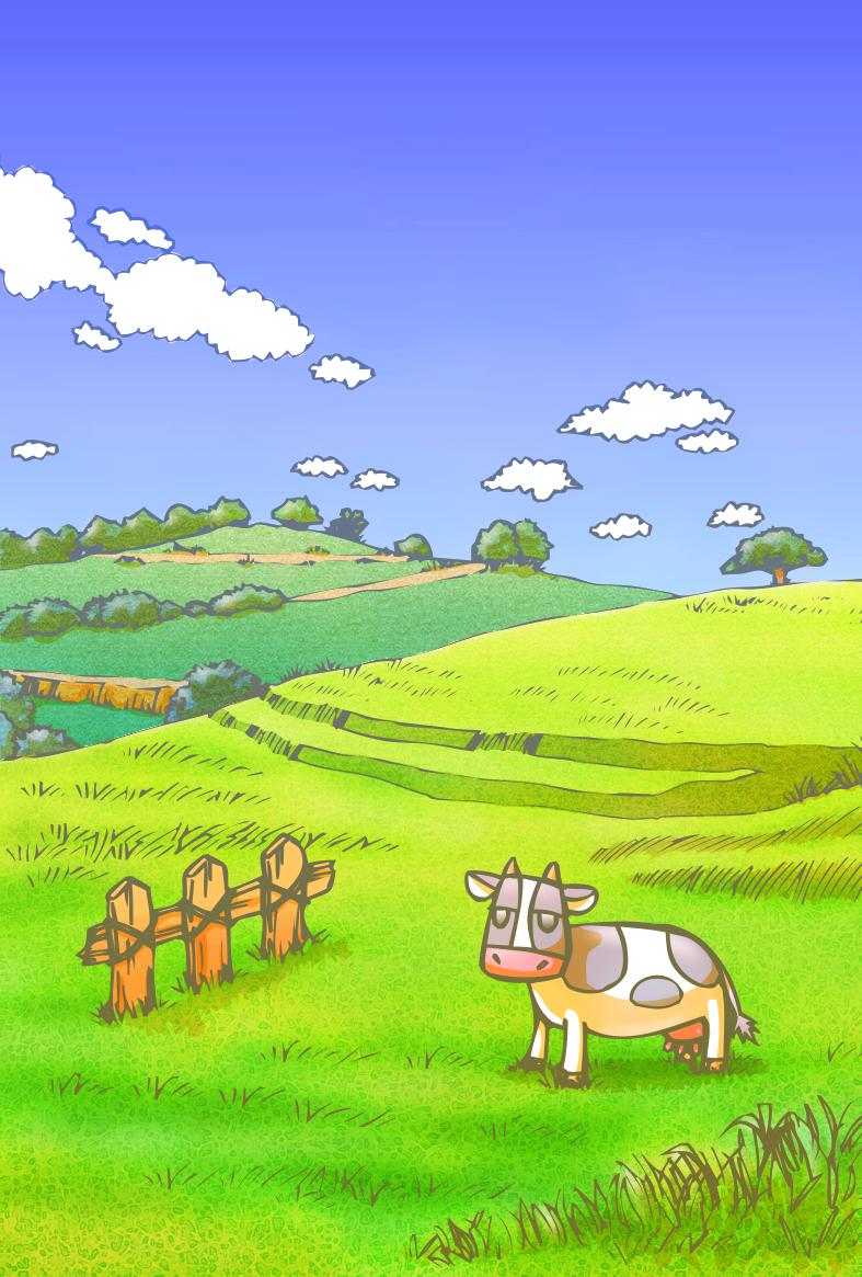 牧場と牛イラスト年賀状(文字無し) | 風景と牛